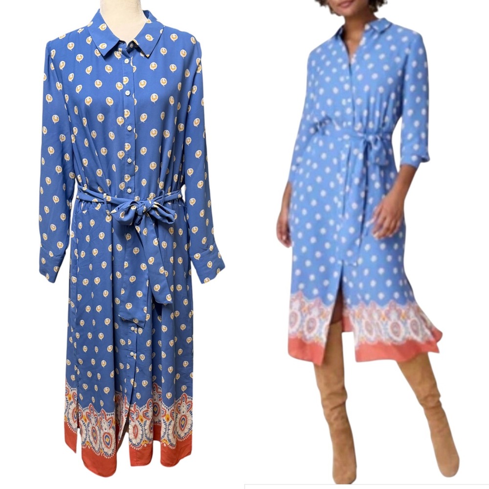UNTUCKit Susan Shirt Dress Women 16 Blue Paisley Border Long Sleeve Button Front
